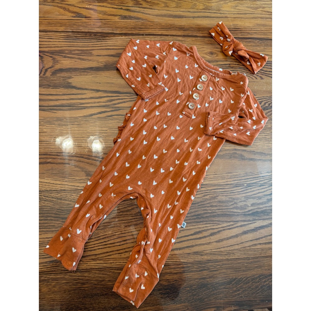 Little Bum Bums Romper Baby 12-18M Rust Heart Bamboo Ruffle Henley Headband Set